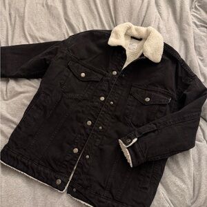 Bershka Oversized Black Denim Jacket with White Sherpa Collar